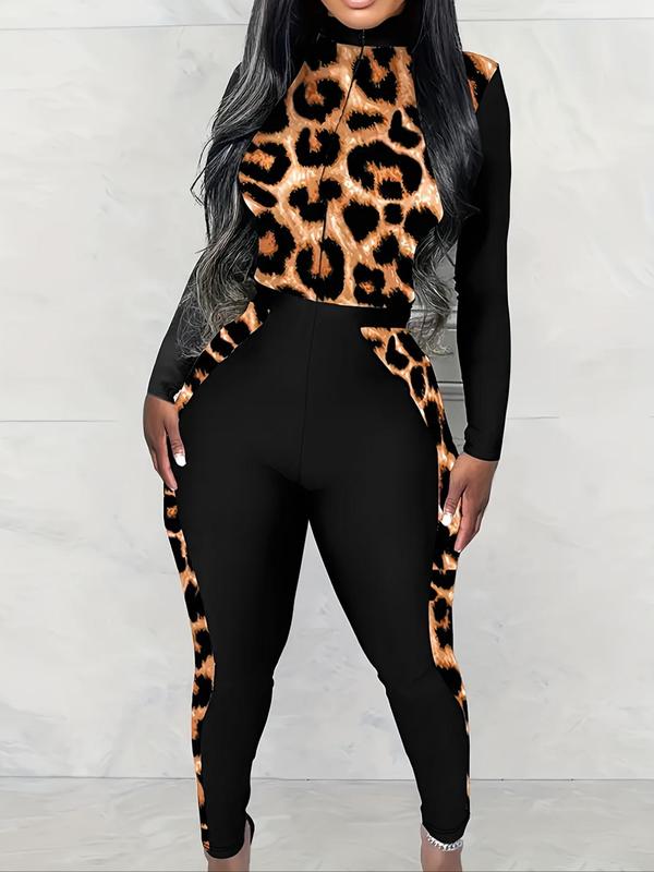 Women's Leopard Print Zipper Jumpsuit, Elegant Fashion Casual Long Sleeve Jumpsuit for Daily Outdoor Wear, Women Jumpsuits for All Seasons