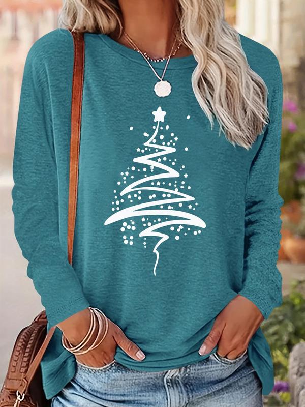 Women's Christmas Tree Print Drop Shoulder T-shirt, Casual Long Sleeve Round Neck Pullover for Fall & Winter, Ladies Clothes for Daily Wear