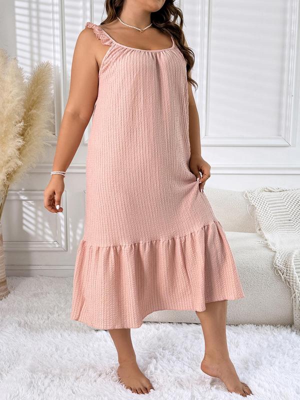 Plus Size Textured Frill Trim Ruffle Hem Cami Nightdress, Casual Cute Sleeveless Nightgown for Women, Women's Sleepwear for All Seasons