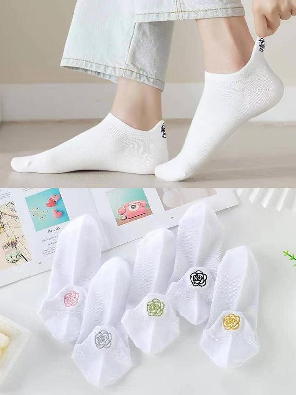 Women's 5 Pairs Floral Embroidering Ankle Socks, Casual Soft Comfy Breathable Low Cut Socks for Summer Daily Wear, Women's Socks