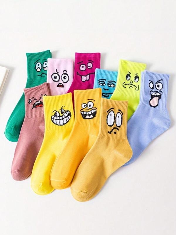 Random Color Women's Cartoon Face Print Mid-calf Socks, Casual Moisture Wicking Socks, Soft Comfy Breathable Socks for All Seasons Daily Wear