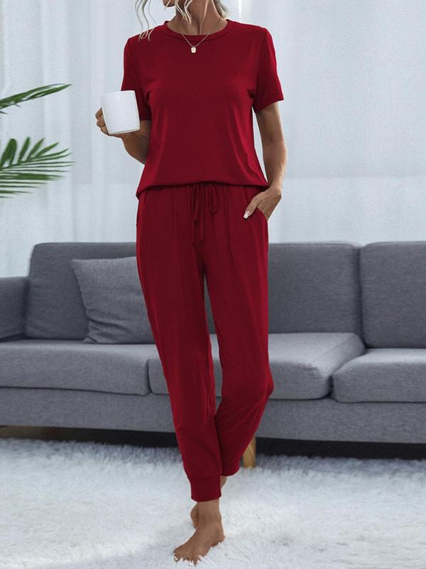 Women's Chic Solid Co-ord Set, Lady Basic Minimalist Casual Short Sleeve Round Neck Tee & Drawstring Waist Pocket Pants Suits Two Piece Set Women, Fall Clothes, Summer Outfits 2024 Sets, Comfortable Summer Outfits 2024, Womenswear, Fall Gift, Fall Outfits