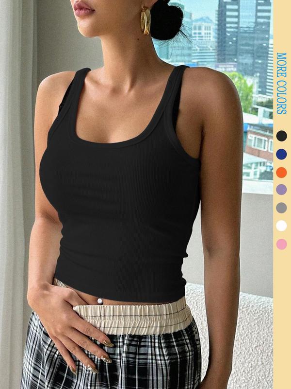 Women's Plain Square Neck Ribbed Crop Tank Top, Casual Sleeveless Cropped Top for Summer, Ladies Clothes for Daily Wear