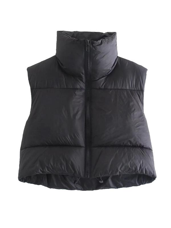 Women's Solid Zip Up Puffer Vest Coat, Casual Sleeveless Funnel Neck Outerwear for Fall & Winter, Women's Tops Clothing for Daily Wear, Winter Clothes Women