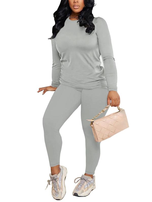 Women's Minimalist Solid Long Sleeve Tee & Elastic Waist Pants Suits Two-piece Set for Fall, 2 Counts Lady Basic Casual Comfortable Fabric Round Neck Longsleeves Top & Trousers, Womenswear for Fall & Winter