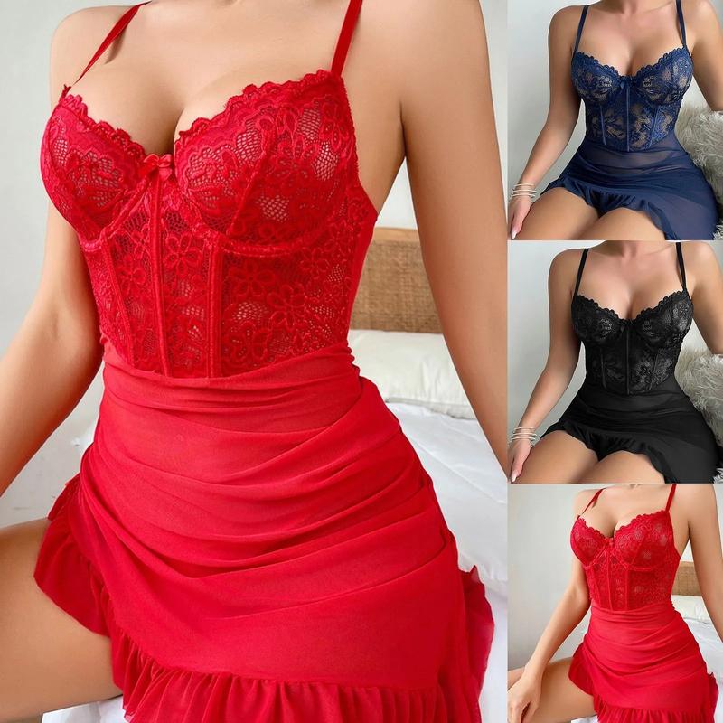 Sexy Lingerie; Mesh Splicing Short Nightie; With Underwire Push Up Bra Lace Chemise Ruffle Hem