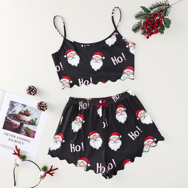 Pajama set for women,Plus Size Christmas Cute Pajama Set, Lettuce Trim Cami Top & Shorts Lounge Two Piece Set