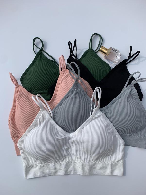 Women's 5pcs Solid Double Straps Wireless Bra, Push Up Bra, Soft Comfy Breathable Seamless Lingerie Top For Daily Wear, Women's Lingerie Top For All Seasons