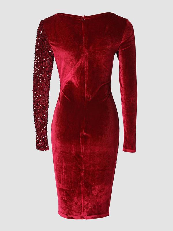 Women's Contrast Sequin Cut Out Wrap Velvet Dress, Elegant V Neck Long Sleeve Knee Length Bodycon Dress for Party Club Dating Wear, Women's Clothing for Fall & Winter