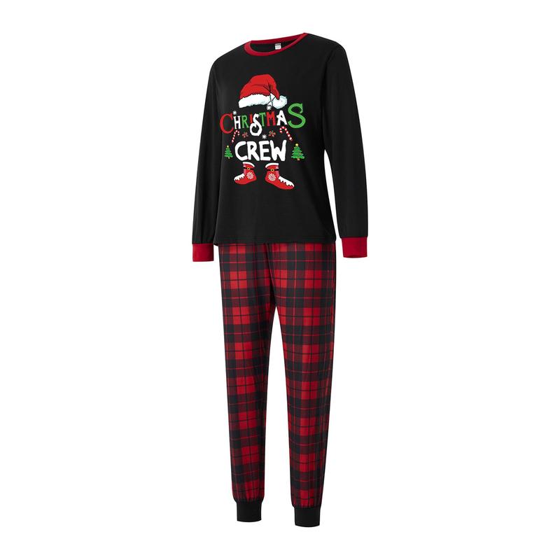 Christmas Family Pajamas Matching Set, Long Sleeve Letters Print T-shirt with Plaid Pants Sleepwear Loungewear