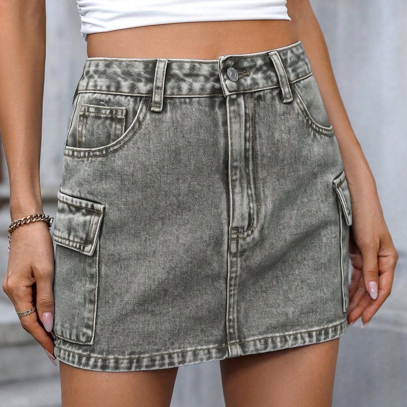 Women's Denim Bodycon Short Skirts Solid Color Multi-Pockets Summer Package Hip Mini Skirts Cotton Womenswear