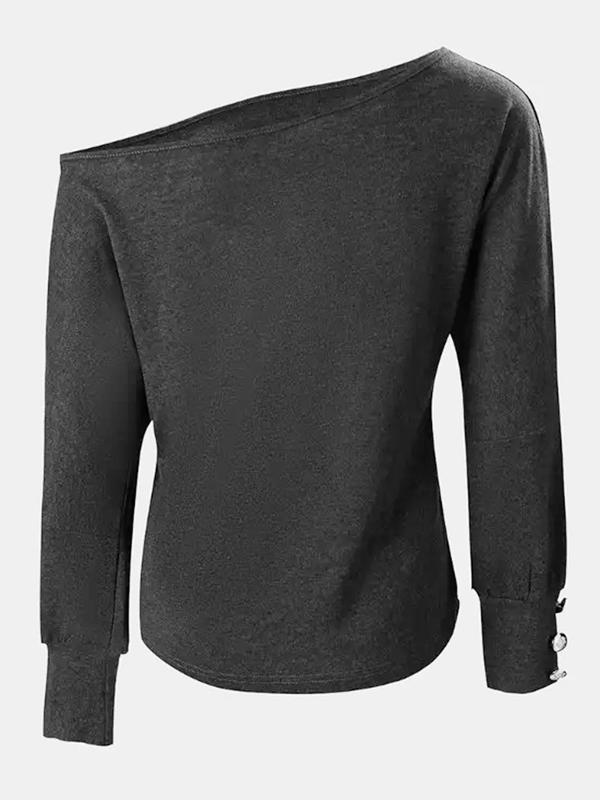 Women's Plain Cut Out Button Decor Asymmetrical Neck Tee, Casual Long Sleeve T-Shirt for Spring & Fall, Women's Top for Daily Wear