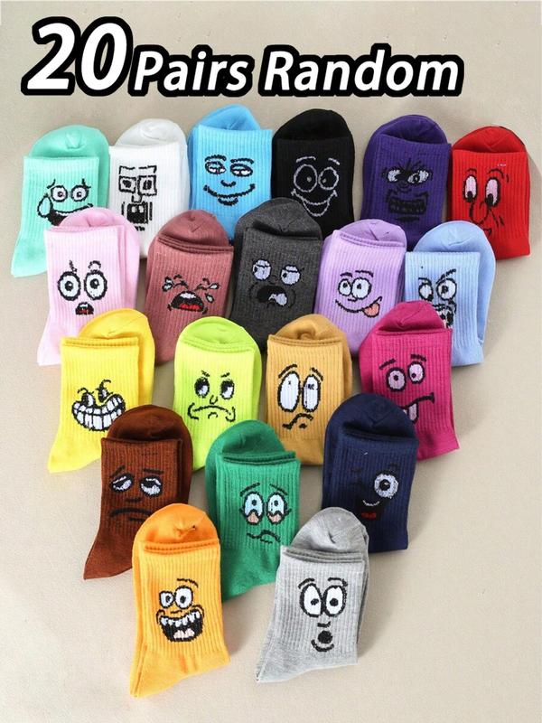 Random Color Women's Cartoon Face Print Mid-calf Socks, Casual Moisture Wicking Socks, Soft Comfy Breathable Socks for All Seasons Daily Wear