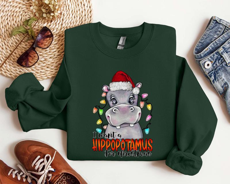 I Want a Hippopotamus for Christmas Sweatshirt, Hippo Christmas Lights Hoodie, Christmas Hippo T-Shirt, Hippo Family Matching Tee, Hippo Lover Shirt