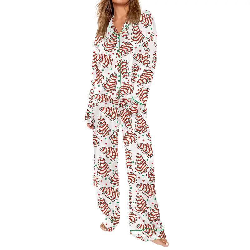 Christmas Tree-Cake Pjs, Women's Christmas Tree Cakes Satin Pajamas Set Comfy Silky Sleepwear & Loungewear with Printed Design