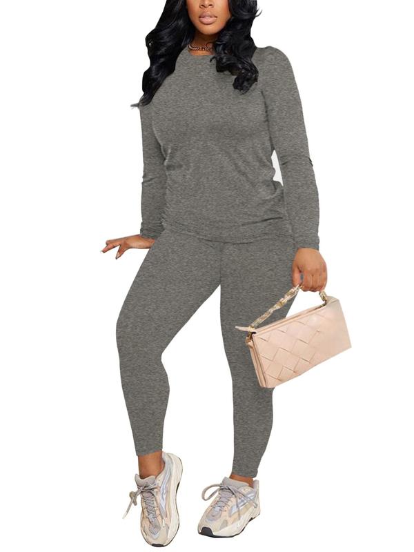 Women's Minimalist Solid Long Sleeve Tee & Elastic Waist Pants Suits Two-piece Set for Fall, 2 Counts Lady Basic Casual Comfortable Fabric Round Neck Longsleeves Top & Trousers, Womenswear for Fall & Winter