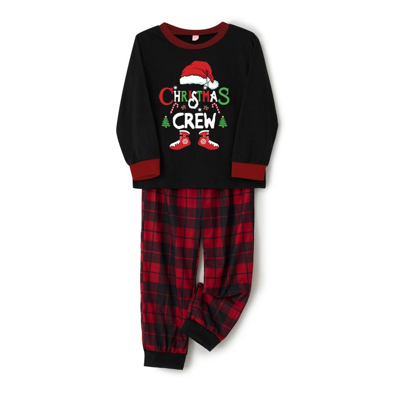 Christmas Family Pajamas Matching Set, Long Sleeve Letters Print T-shirt with Plaid Pants Sleepwear Loungewear