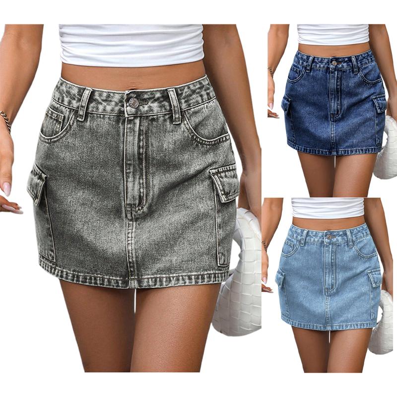 Women's Denim Bodycon Short Skirts Solid Color Multi-Pockets Summer Package Hip Mini Skirts Cotton Womenswear