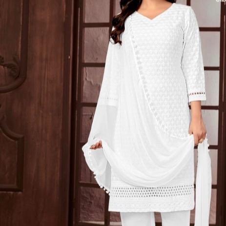 Plus Size White Rayon Chikankari Kurta with Pant and Dupatta Set Womenswear