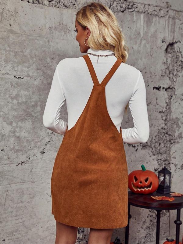 Women's Solid Pocket Corduroy Pinafore Dress, Casual Comfy Sleeveless Straps Short Dress for Fall, Ladies Fall Casual Wear Clothes for Daily, Wedding Guest Dress, Fall Outfits