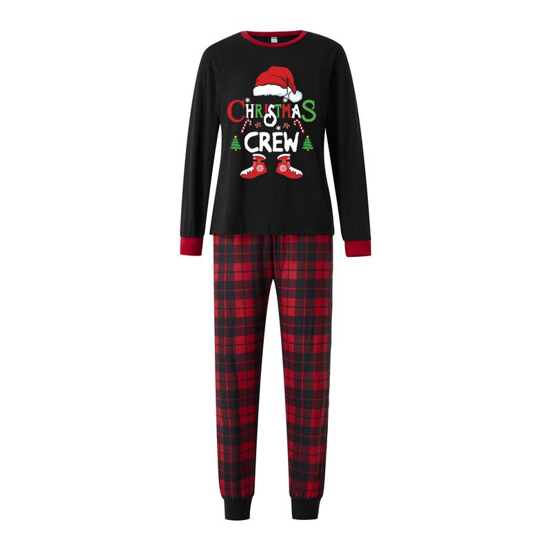 Christmas Family Pajamas Matching Set, Long Sleeve Letters Print T-shirt with Plaid Pants Sleepwear Loungewear