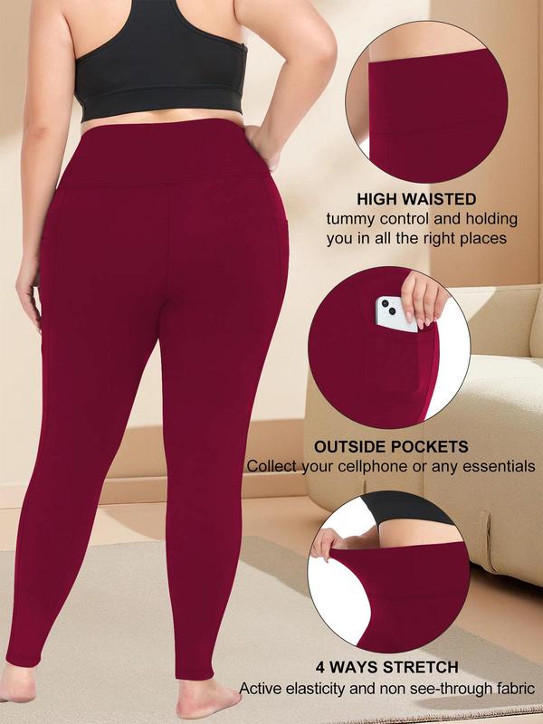  Solid High Waist Pocket Leggings, Casual Comfy High Stretch Skinny Pants for Women, Women's Bottoms for Fall & Winter