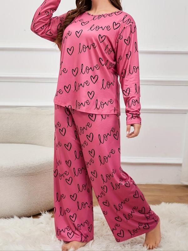  Heart & Letter Print Pyjama Two-Piece Set, Casual Comfy Round Neck Long Sleeve T-shirt & Trousers PJ Set, Women's Sleepwear for Spring & Fall