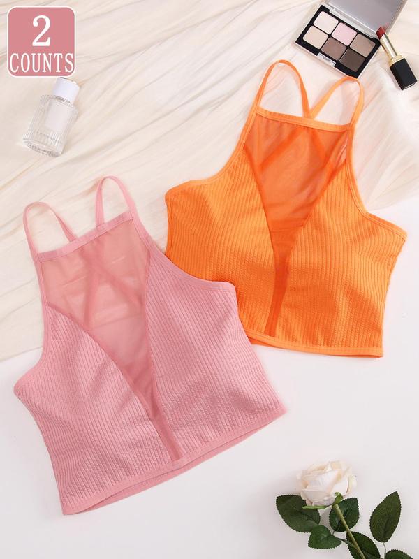 Women's 2pcs Solid Contrast Mesh Sheer Criss Cross Backless Lingerie Top, Casual Breathable Comfortable Crop Cami Top for Daily Wear, Ladies Lingerie for All Seasons