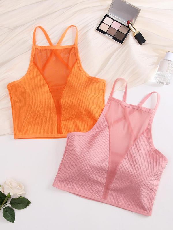 Women's 2pcs Solid Contrast Mesh Sheer Criss Cross Backless Lingerie Top, Casual Breathable Comfortable Crop Cami Top for Daily Wear, Ladies Lingerie for All Seasons