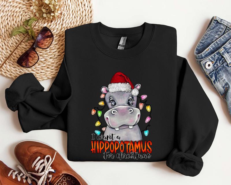 I Want a Hippopotamus for Christmas Sweatshirt, Hippo Christmas Lights Hoodie, Christmas Hippo T-Shirt, Hippo Family Matching Tee, Hippo Lover Shirt