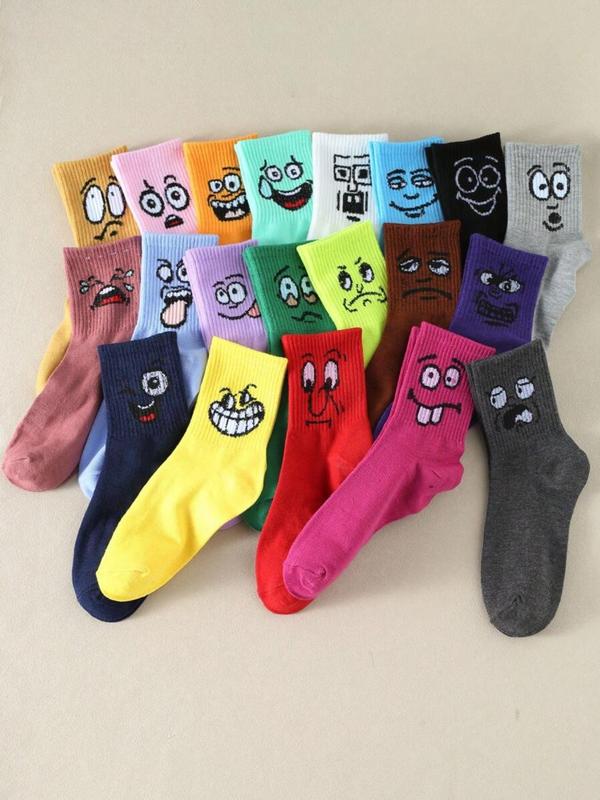 Random Color Women's Cartoon Face Print Mid-calf Socks, Casual Moisture Wicking Socks, Soft Comfy Breathable Socks for All Seasons Daily Wear