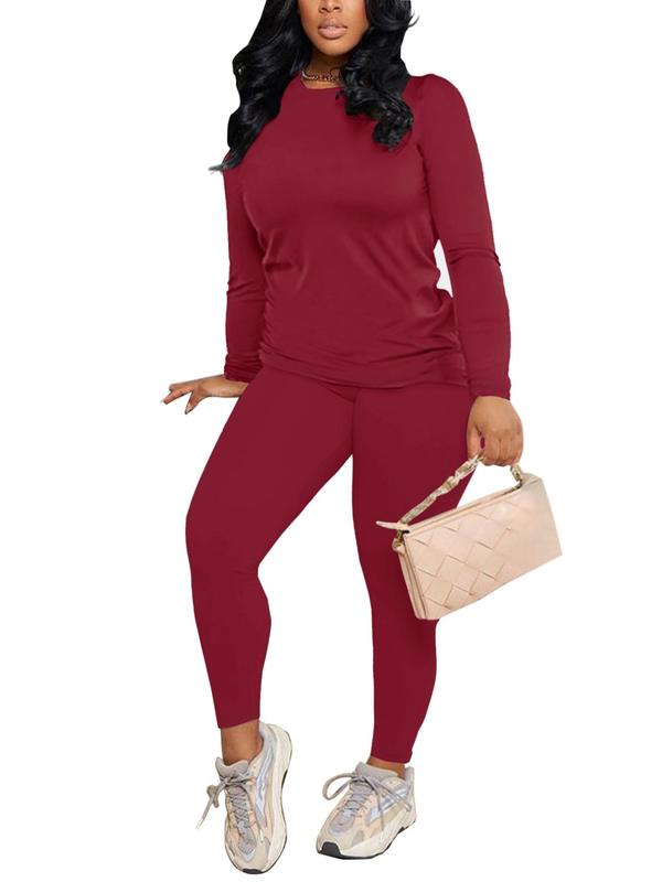 Women's Minimalist Solid Long Sleeve Tee & Elastic Waist Pants Suits Two-piece Set for Fall, 2 Counts Lady Basic Casual Comfortable Fabric Round Neck Longsleeves Top & Trousers, Womenswear for Fall & Winter