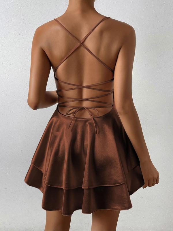 Women's Minimalist Lace Up Backless Tiered Layer Ruffle Trim Cami Dress As Birthday Gifts, Lady Comfort Solid Wrap Spaghetti Strap A Line Short Dress for Party Club Dating Casual Wear, Ladies Summer Clothes, Womenswear, Bodycon Dress