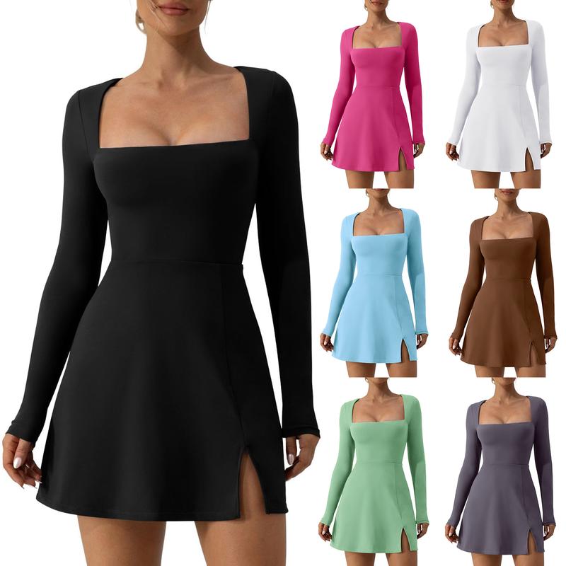 Women Spring Summer Short Dress Solid Color Long Sleeve Square Neck Split Hem Party Dress