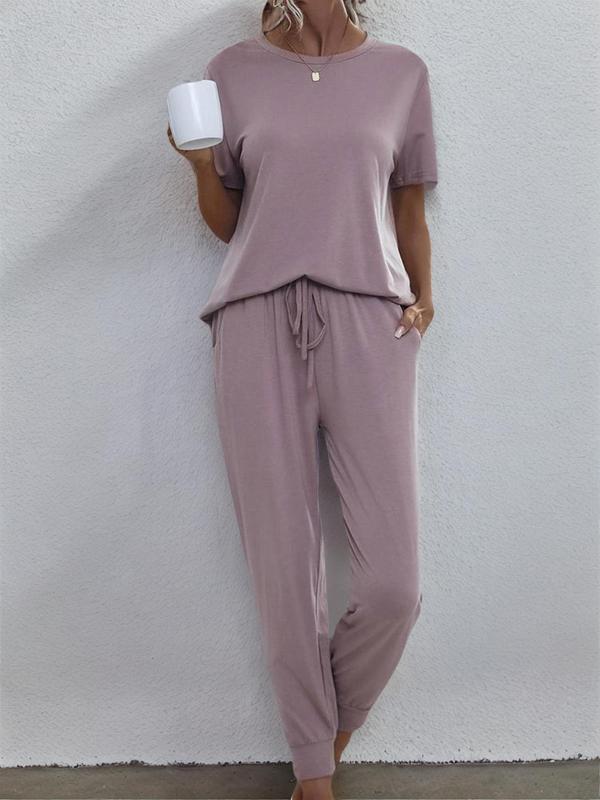 Women's Chic Solid Co-ord Set, Lady Basic Minimalist Casual Short Sleeve Round Neck Tee & Drawstring Waist Pocket Pants Suits Two Piece Set Women, Fall Clothes, Summer Outfits 2024 Sets, Comfortable Summer Outfits 2024, Womenswear, Fall Gift, Fall Outfits