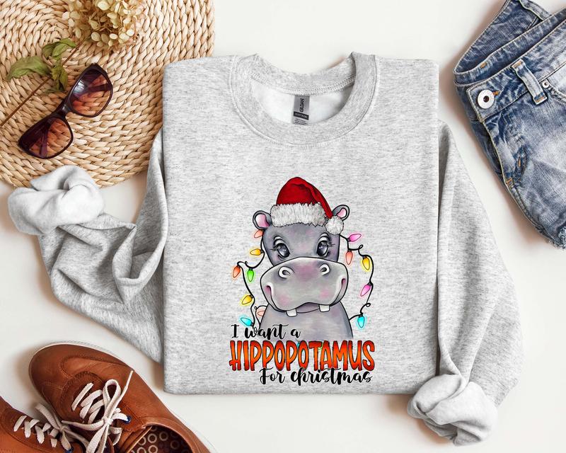 I Want a Hippopotamus for Christmas Sweatshirt, Hippo Christmas Lights Hoodie, Christmas Hippo T-Shirt, Hippo Family Matching Tee, Hippo Lover Shirt