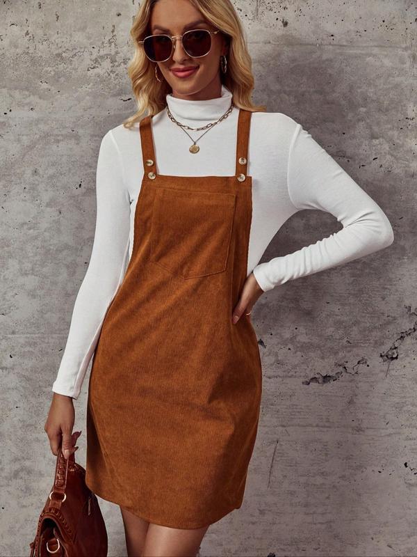 Women's Solid Pocket Corduroy Pinafore Dress, Casual Comfy Sleeveless Straps Short Dress for Fall, Ladies Fall Casual Wear Clothes for Daily, Wedding Guest Dress, Fall Outfits