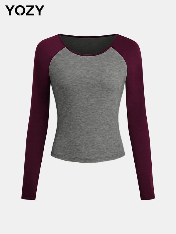 YOZY [4 colors] Colorblock Raglan Sleeve Tee, Casual Long Sleeve Round Neck T-shirt, 2024 Women's Daily Wear for Spring & Fall