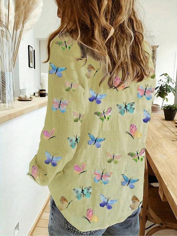 Women's Butterfly Print Button Front Blouse, Casual Long Sleeve Collared Top for Daily Wear, Going Out Tops, Ladies Clothes for All Seasons