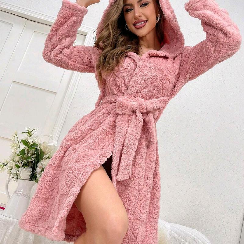 Women's Plush Hooded Robe with 3D Ear Design - Gowns, Womenswear Comfort Comfortable Cute Loungewear Nightwear Basic Long Sleeve Day