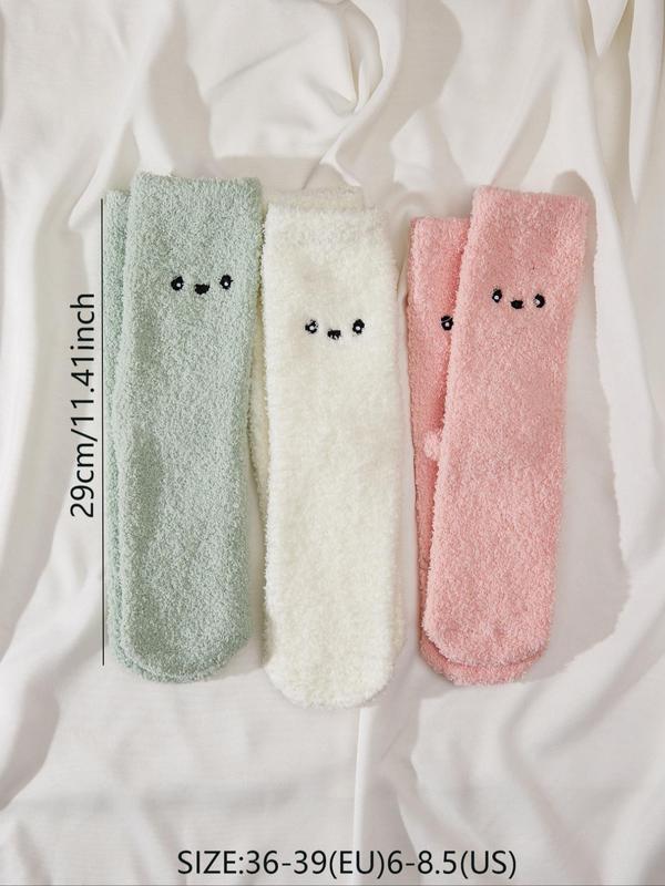 Women's Cute Cartoon Print Fuzzy Socks, Korean Outfits, 3 Pairs Fashion Soft Cozy Crew Socks for Fall & Winter, Women's Socks & Hosiery, Korean Streetwear