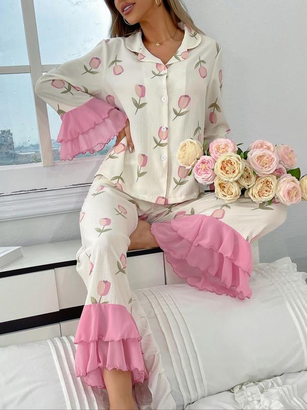 @ShopwithJulie Collection Women's Floral Print Ruffle Trim Loungewear Two-piece Set, Comfy Soft Lapel Layered Flared Sleeve Shirt & Tiered Layer Pants Lounge Sets, Pajama Sets Women, PJ Sets for Women, Comfortable Pajama Sets Women