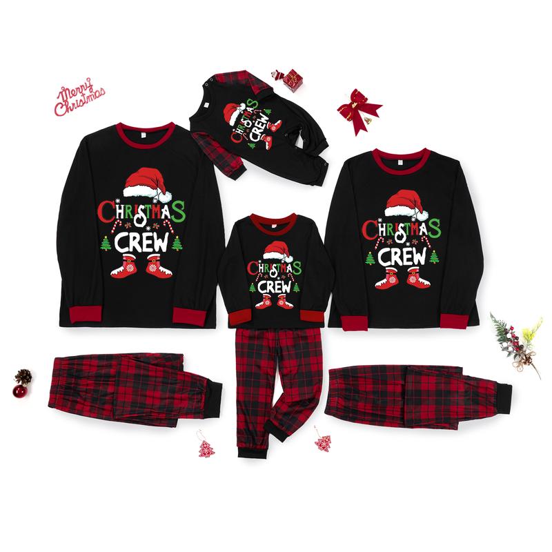 Christmas Family Pajamas Matching Set, Long Sleeve Letters Print T-shirt with Plaid Pants Sleepwear Loungewear