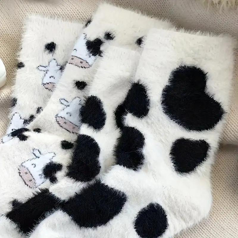 2 Pairs Cute Cow Spot Socks, Soft & Fuzzy Crew Mid Tube Socks, Women's Stockings & Hosiery Sports