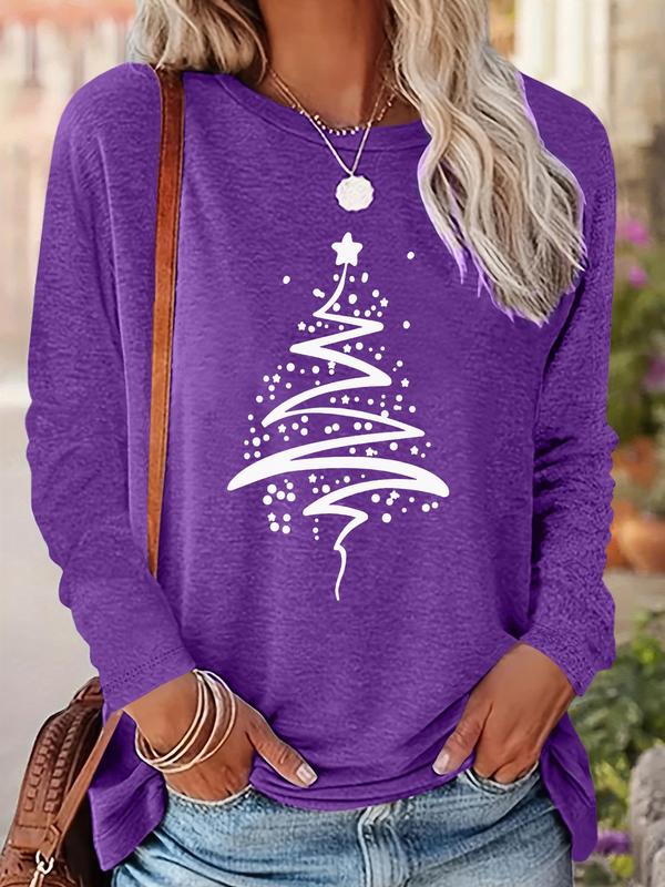 Women's Christmas Tree Print Drop Shoulder T-shirt, Casual Long Sleeve Round Neck Pullover for Fall & Winter, Ladies Clothes for Daily Wear