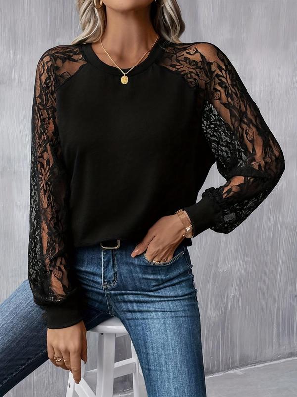 Women's Contrast Lace Raglan Sleeve Tee, Casual Long Sleeve Round Neck T-shirt for Daily Wear, Ladies Clothes for All Seasons