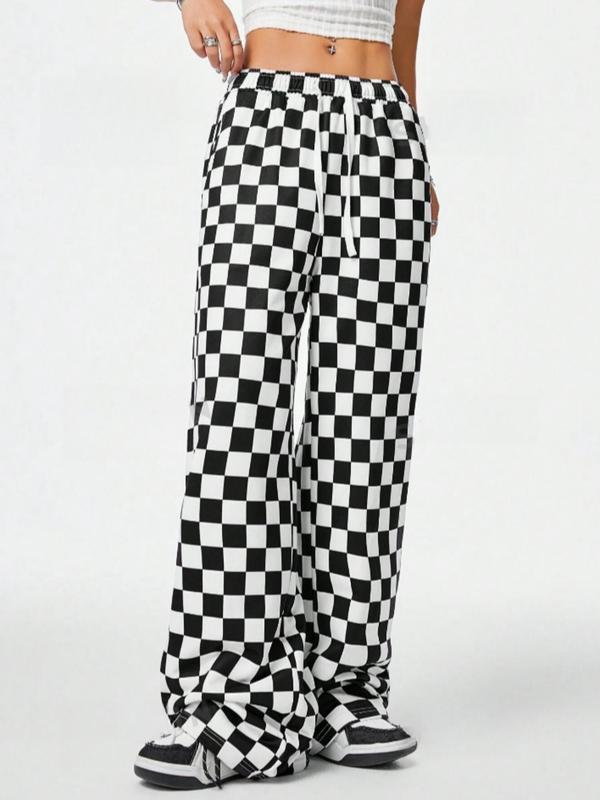 Women's Plaid Print Drawstring Waist Wide Leg Pants, Casual Comfy Pocket Trousers for Daily Wear, Ladies Bottoms for All Seasons