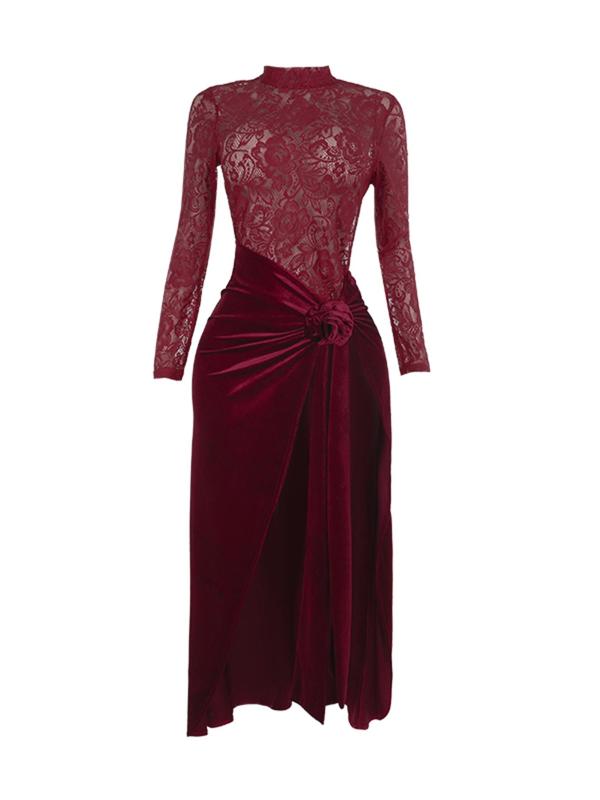 Christmas Deals Women's Contrast Lace Sheer Backless Split Thigh Velvet Dress, Elegant Mock Neck Long Sleeve Dress for Party Dating Wear, Women's Clothing for Spring & Fall, Christmas 2024 Trend, Fall & Winter Clothes