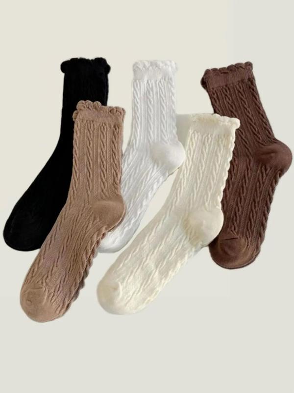 Women's Solid Braided Design Ribbed Crew Socks, Casual Comfortable Breathable Mid-calf Socks for Daily Wear, Women's Socks for All Seasons