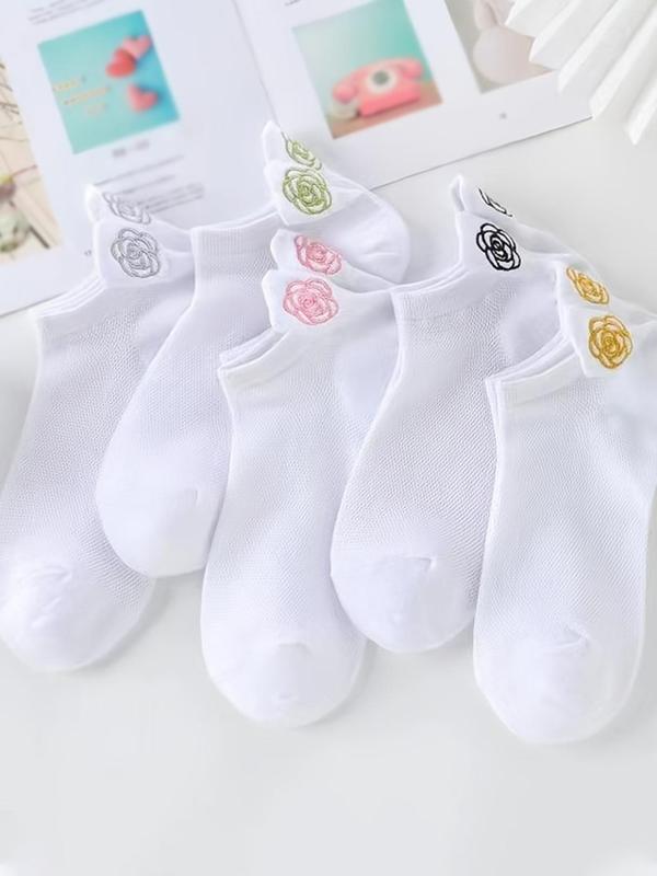 Women's 5 Pairs Floral Embroidering Ankle Socks, Casual Soft Comfy Breathable Low Cut Socks for Summer Daily Wear, Women's Socks